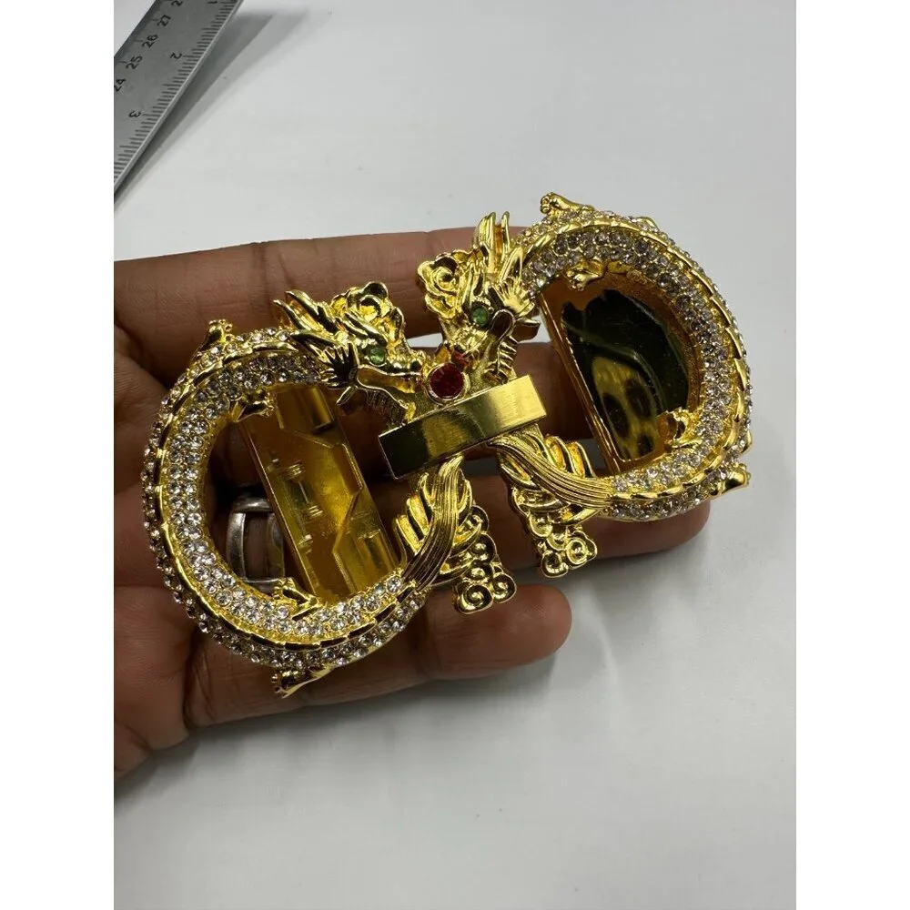 Dragon Rhinestone Ratchet Belt Buckle Gold Tone Automatic Slide Fantasy